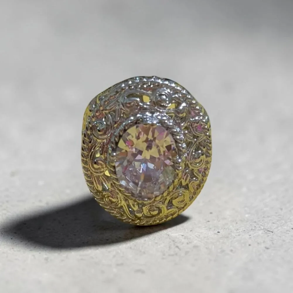 Vintage Style Filigree Cocktail Ring Silver Tone Clear Cubic Zirconia Statement